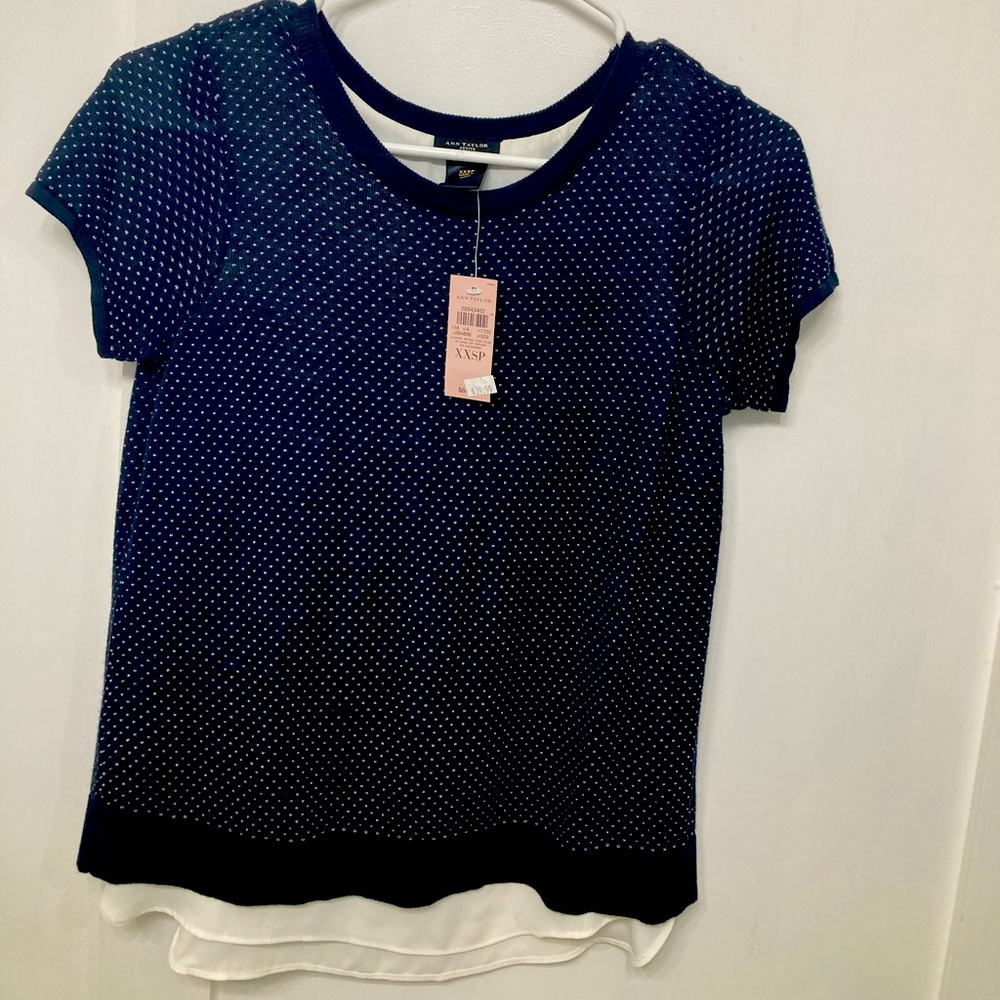 Ann Taylor XXSP Navy Sweater Shirt with Cream underlay